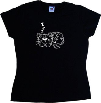 Tee Tree Designs Sleeping Cat Black Ladies T-Shirt (White Print)-Size 20