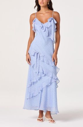 ASTR the Label Amiya Ruffle Maxi Dress in Blue Polka Dot at Nordstrom, Size X-Small