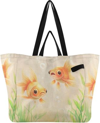 Generic Goldfish Bubbles Yellow print Reusable Canvas Tote Bag, Heavy Duty Grocery Shopping Bag with Double Handles Large Capacity Hard Bottom Work Groceries 