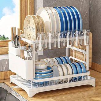 OEM Escurridor De Platos Grande De 2 Niveles Para Encimera De Cocina Con 2 Soportes Para Utensilios Y 6 Soportes Para Tazas, Color Negro