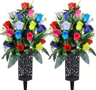 OEM Conjunto De 2 Ramos De Flores Artificiales, Rosa Y Lirio, Jarr&oacute;n Con Base Para Colgar En El Suelo, Decoraci&oacute;n Para L&aacute;pidas De Cementerio
