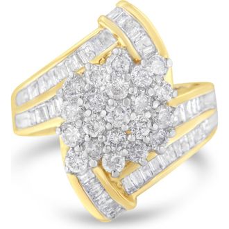 House of Brilliance 10K Gold 3 Ctw Round and Baguette Diamond Crossover Cluster Ring in Yellow Gold at Nordstrom, Size 6.5