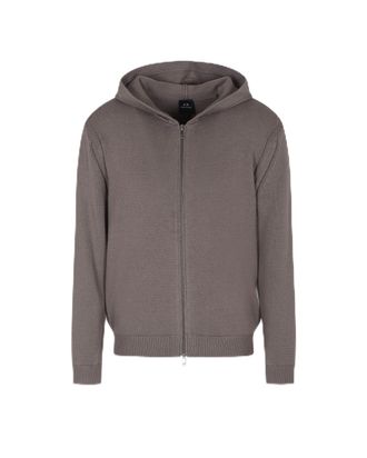 A|X Armani Exchange Mens Cozy, Long Sleeve Back Logo Patch Hood Cardigan Sweater, Dark Gull Gray, XL