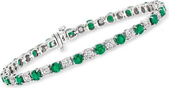 Ross-Simons Emerald and Diamond Tennis Bracelet in Sterling Silver