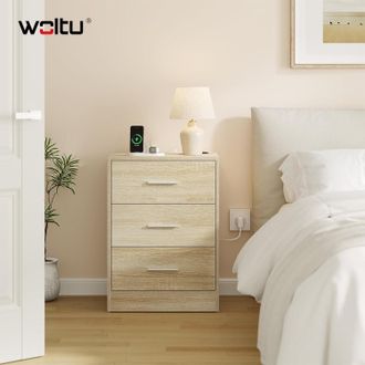 Woltu Woltu 1 Mesita De Noche Moderna Para Dormitorio O Habitaci&oacute;n Infantil Con Estaci&oacute;n De Carga Y 3 Cajones - Roble Claro