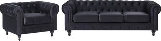 Beliani Conjunto De Sof&aacute;s Chesterfield Tapizado En Terciopelo Negro Patas De Madera Oscura Sof&aacute; 3 Plazas + Sill&oacute;n Estilo Cl&aacute;sico Chesterfield