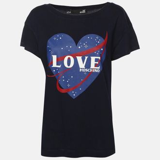 Love Moschino Dark Blue Heart Print Fabric T-Shirt