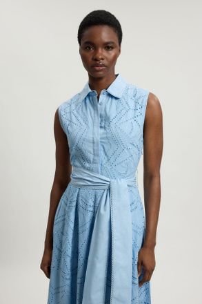Karen Millen Womens Cotton Broderie Scalloped Hem Sleeveless Shirt Dress - Blue - Size 14 UK