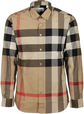 Burberry Check Stretch Poplin Overhemd - Heren - Casual Overhemden - Beige - S - Katoen - Overhemden