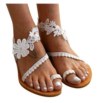 Generic Lace Applique Flat Sandals for Women Vintage Floral Ankle Strap Boho Sandals Womens Comfortable Summer Wedding Shoes Casual Beach Holiday Flip Flops (