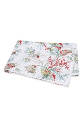 Matouk Del Tesoro 500 Thread Count Cotton Percale Flat Sheet in White/Coral Print at Nordstrom, Size Full