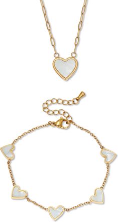 Palm Beach Jewelry Genuine Mother of Pearl Gold Ion-Plated Stainless Steel Heart Jewelry Set
