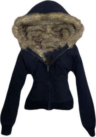 Generic Vintage Fur Hood Jacket Fitted Zip Up Hoodie Y2k Fur Hood For Women Retro Cute Winter Streetwear Jacket (Black 1,S)