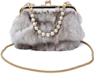 Generic Plush Shoulder Bag with Pearl Chain Trendy Sling Bag Versatile Clip Bag (Beige)