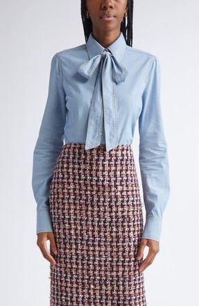 St. John Tie Neck Chambray Shirt in Light Denim Wash at Nordstrom, Size 10