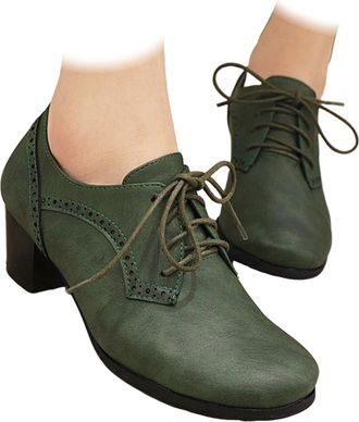 Generic Womens Retro Chunky Mid Heeled Flat-Toe Court Shoes Traditional Oktoberfest Shoe Dirndl Bavarian Footwear for Beer Festival Dance Party Green