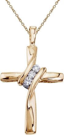 Pompeii3 Three Stone Real Diamond Cross Pendant 10K Yellow Gold Necklace 19mm tall
