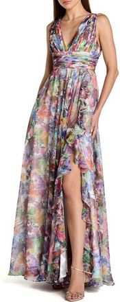 Mac Duggal Sleeveless Printed Chiffon V-Neck Ruched Waist Gown in Multi at Nordstrom, Size 6