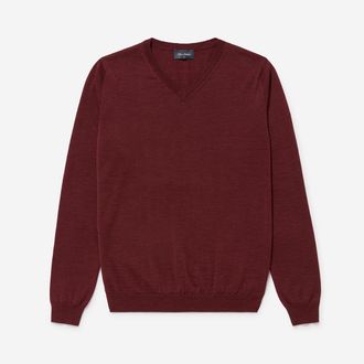 Oliver Sweeney Mens Merino Wool V-Neck Jumper - Red - Size X-Large