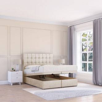 Sloomy Alabama Plush Fabric Ottoman Bed End Opening With Sprung Memory Mattress & 26 Inch Headboard in Cream | Size: King