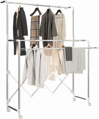 HOMCOM Homcom Tendedero Vertical Plegable De 3 Niveles, Tendedero De Acero Inoxidable Con 3 Barras Ajustables Y Extensibles, 4 Ruedas, Para Interior, Plata