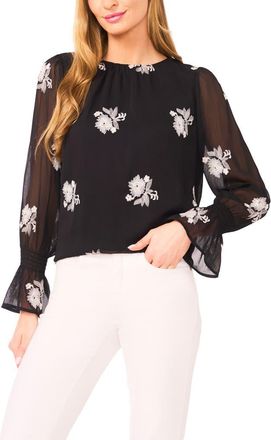 CeCe by Cynthia Steffe Floral Embroidered Ruffle Cuff Georgette Top in Rich Black at Nordstrom, Size X-Small
