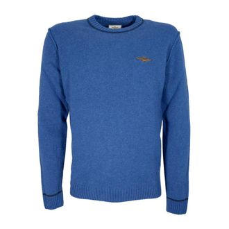 Aeronautica Round-neck Knitwear, male, Blue, XL, Maglia Girocollo in Lana Tinto Filo Ma1608Ul00924