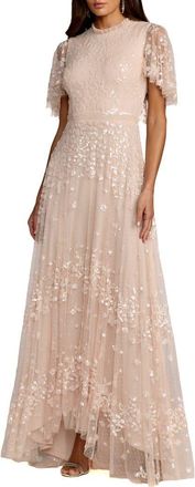 Mac Duggal Womens Sequined High Neck Flutter Sleeve A Line Gown in Blush at Nordstrom, Size 12
