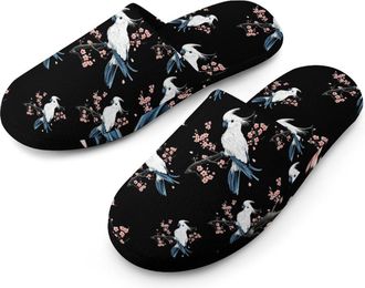 Generic White Parrot Cherries Flowers Flannel Mens Slip-on Slippers Winter Warm House Shoes with Rubber Sole for Home Hotel