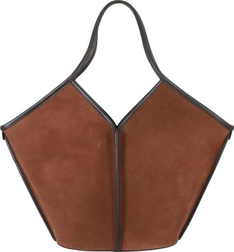 Hereu Geometric Brown Suede Tote Bag with Internal Drawstring
