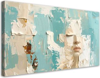 Feeby Cuadro Sobre Lienzo, Retrato Abstracto De Una Mujer En Colores Beige Y Turquesa, 120x60
