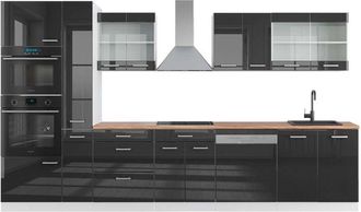 Vicco Mueble De Cocina R-line, Antracita Brillo Intenso/blanco, 350 Cm Con Armario Alto, Et Roble