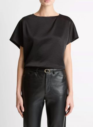 Vince Draped Satin Dolman-Sleeve Blouse In Black