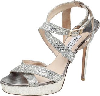 Jimmy Choo London Metallic Gold Glitter Fabric Vamp Platform Strappy Sandals