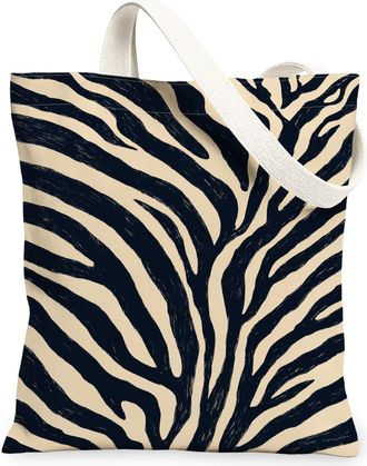 Generic Striped Horse Pattern Canvas Tote Bags, Stylish Animal Print Reusable Grocery Bags, Eco-Friendly Lightweight Washable Shoul, Beige, 13x15 Inch