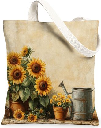 Generic Spring Farmhouse Sunflower Canvas Tote Bag for Shopping 13x15, Rustic Vintage Floral Reusable Grocery Print Pattern Bag for Women, Country Flower Beac