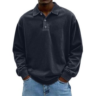 Generic Mens Knitted Polo Collar Shirt Jumper Soft Long Sleeve Loose Fit Pullover Versatile Solid Colour Knitwear for Smart Casual Office Wear Fleece Sweatshi