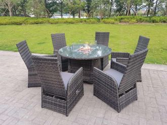 Fimous Rattan Garden Furniture Gas Fire Pit Round Dining Table & Chairs 6 Seater Plus Round Table in Dark Grey