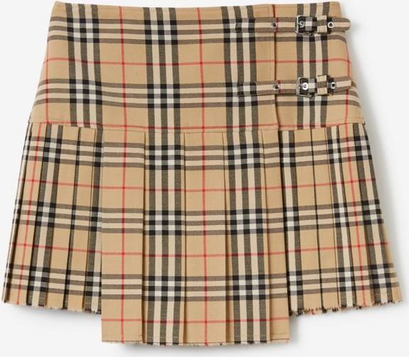 Pleated Check Wool Mini Kilt, Beige