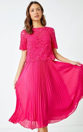 Roman Lace Top Overlay Pleated Midi Dress