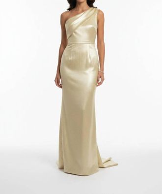 Marchesa One Shoulder Sleeveless Evening Gown In Gold