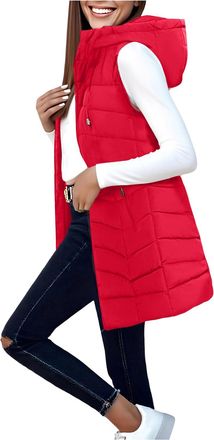 Generic Womens Long Gilets with Hood Mid-length Lightweight Quilted Vest Ladies Thermal Sleeveless Jacket Zip Up Windproof Waistcoat Sleeveless Quilted Long P