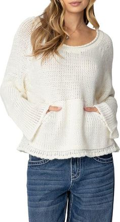 Edikted Open Stitch Kangaroo Pocket Sweater in Cream at Nordstrom, Size X-Large