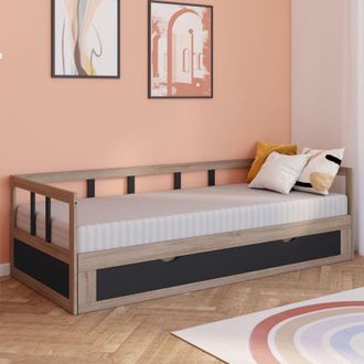 IDMarket Sof&aacute; Cama Convertible Zoya 90 X 190 Cm 180 X 190 Cm Haya Y Negro Con 1 Caj&oacute;n De Almacenaje