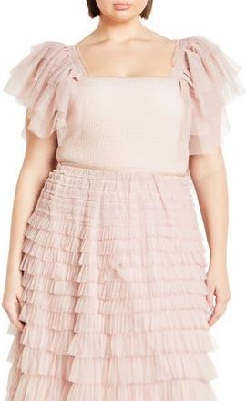 City Chic Azariah Shirred Tulle Sleeve Bodysuit in Dusty Pink at Nordstrom Rack, Size Xs/14W