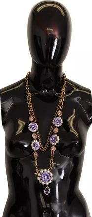 Dolce & Gabbana Gold Tone Floral Crystals Purple Embellished Womens Necklace (Pre-Owned)