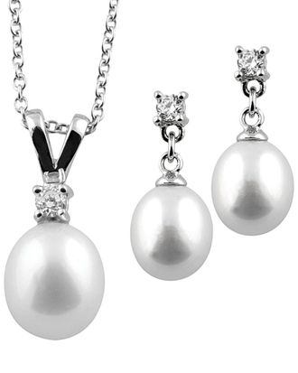 Splendid Pearls & Czs Silver 7-8Mm Freshwater Pearl & Cz Earrings & Necklace Set