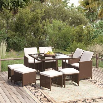 vidaXL Vidaxl - Set De Comedor Jard&iacute;n 9 Pzas Y Cojines Rat&aacute;n Sint&eacute;tico Marr&oacute;n