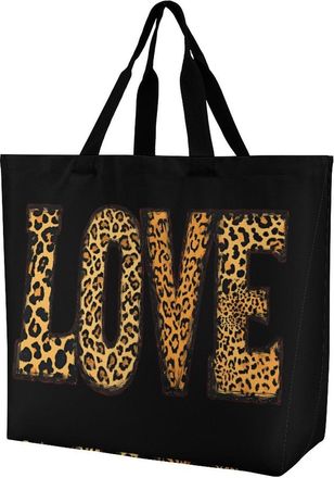 Generic Love Leopard Pattern Large Reusable Shopping Bag Lightweight Foldable Tote Bags Washable Shoulder Handbag