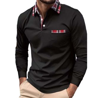 Generic Long Sleeve Polo Shirt - Men Plaid Collar Basic Casual Shirt Fashion Contrasting Color Plaid Splice Golf Tennis T-Shirt Top Regular Fit Button Down Sh